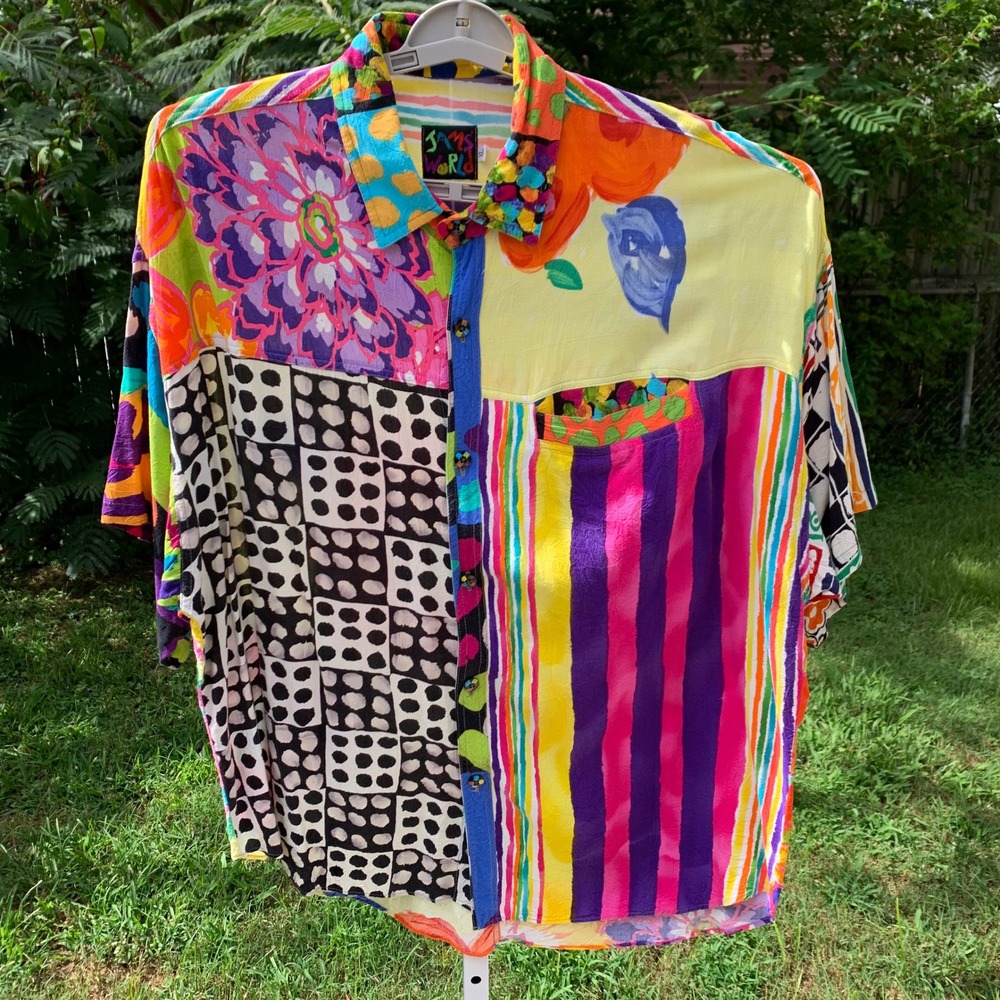 Vintage Rare Jams World XL Abstract Patchwork Shirt Bold Mixed Blocks Hawaii
